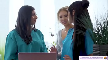 Big tits brunette masseuse teaches the new busty trainee how to work on the owner and when the trainee massages her boobs the masseuse rubs the owners to teach the trainee all