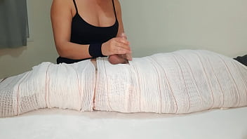 Part3 mummified handjob with interruption of cum for two minutes