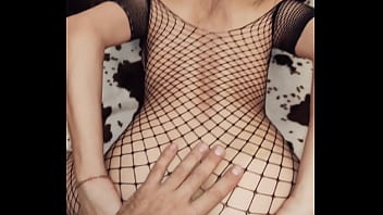 Skinny wife in mesh bodysuit