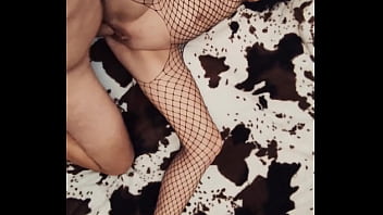 Skinny wife in mesh bodysuit