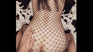 Skinny wife in mesh bodysuit