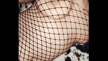 Skinny wife in mesh bodysuit