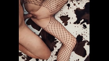 Skinny wife in mesh bodysuit