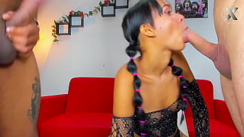 Girl sucks her two friends cock and they fuck her throat