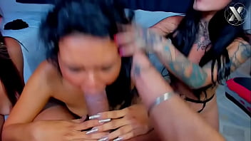 These 3 horny teens share this big cock giving deep blowjobs in pov