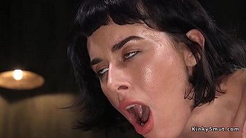 Brunette babe gets fucking machine and fucks it in various positions