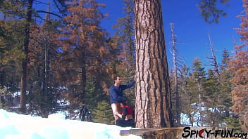 Busty brunette is having outdoor sex in the snow