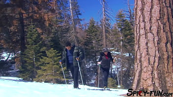 Busty brunette is having outdoor sex in the snow