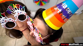 Big booty step mother and stepsister gets their mouth creamed by the birthday's boy