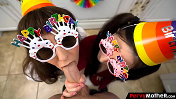 Big booty step mother and stepsister gets their mouth creamed by the birthday's boy