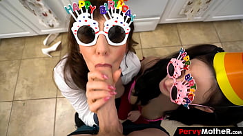 Big booty step mother and stepsister gets their mouth creamed by the birthday's boy