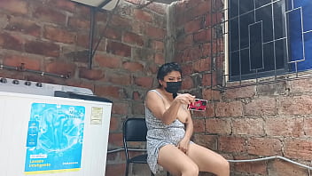 My slutty neighbor in the yard showing her pussy under her dress