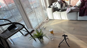 Sexy and horny brunette cheerleader college girl gives a guy handjob during a skirt and miniskirt try on haul