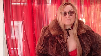Try on red shiny pvc catsuit corset and natural long fur coat curvy milf arya grander