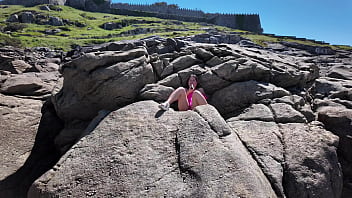 Curvy milf cumed with big exotic dildo on the beach