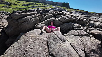 Curvy milf cumed with big exotic dildo on the beach