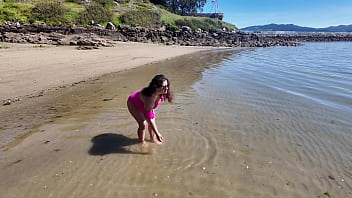 Curvy milf cumed with big exotic dildo on the beach