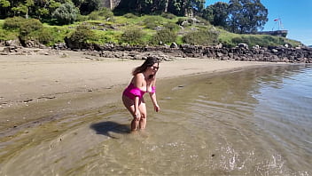 Curvy milf cumed with big exotic dildo on the beach