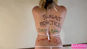 Submissive cumslut tied up taped and body writing
