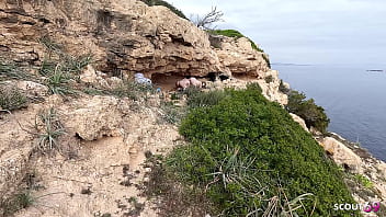 Huge natural bouncing boobs girl and her emo girlfriend caught at lesbian beach fun and seduce to ffm 3some by old guy