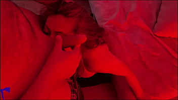 Latina milf under red light sucks balls spits on dick handjob and huge facial cumshot