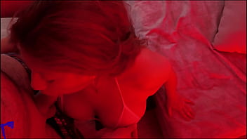 Latina milf under red light sucks balls spits on dick handjob and huge facial cumshot