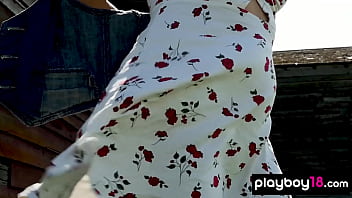 Smiling naked blondie showing us around her amazing body