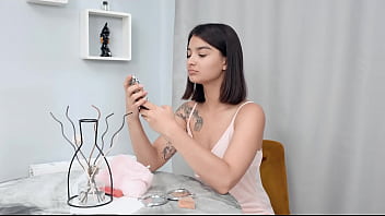 Dark haired sasha x ray puts on beautiful makeup and a sexy outfit