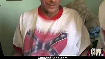 Black chick deepthroats a group of white studs and gets rewarded with cum 13