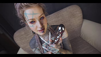 Tattoo girl gets a stainless steel dildo to shove up her ass