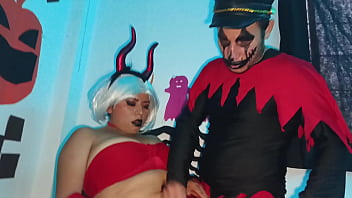 The innocent model is uncomfortable because she was told it was a modeling session and ended up making a halloween porn video