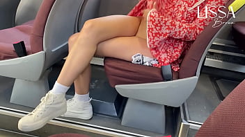 Hot woman shows off and touches herself on public bus