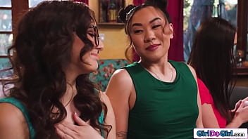 Petite asian kimmy kimm has a vibrating toy in her pussy and a vibrating butt plug up her ass and gives the remotes to cadence lux and leana lovings