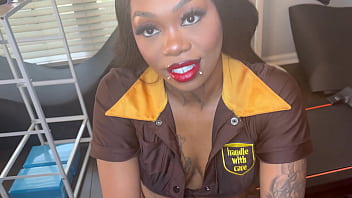 Ups worker gives a packages and gets one in return Ups worker gives a packages and gets one in return