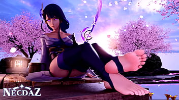 Raiden from genshin impact shows her soles in stirrups