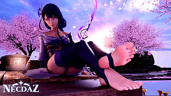 Raiden from genshin impact shows her soles in stirrups