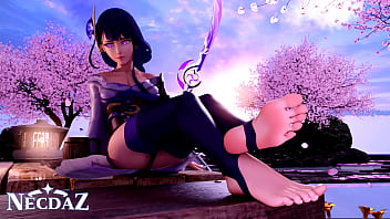 Raiden from genshin impact shows her soles in stirrups Raiden from genshin impact shows her soles in stirrups