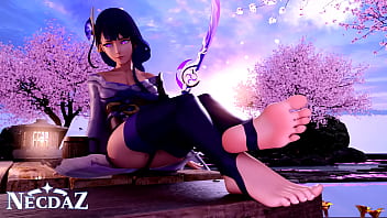 Raiden from genshin impact shows her soles in stirrups