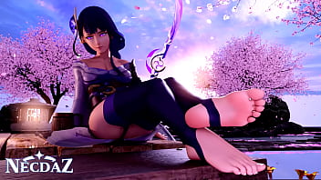 Raiden from genshin impact shows her soles in stirrups