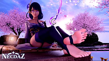 Raiden from genshin impact shows her soles in stirrups