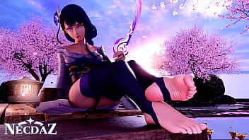 Raiden from genshin impact shows her soles in stirrups