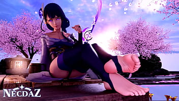 Raiden from genshin impact shows her soles in stirrups