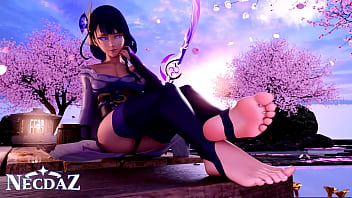 Raiden from genshin impact shows her soles in stirrups