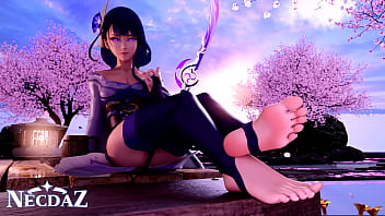 Raiden from genshin impact shows her soles in stirrups