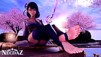 Raiden from genshin impact shows her soles in stirrups Raiden from genshin impact shows her soles in stirrups