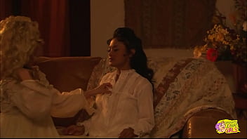 They get sentimental and start kissing on the couch and caress each others small tits