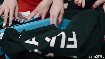 Naughty milf lesbians double penetrating a small titted slut