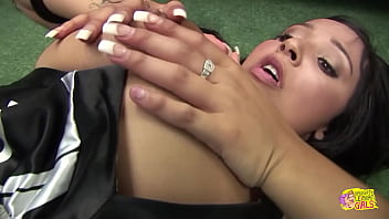 Plunging a small dildo deep into a blonde girls pussy is lesbian heaven