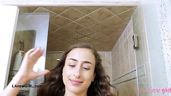 Aspiring teen brunette took a shower