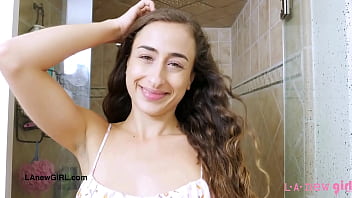 Aspiring teen brunette took a shower